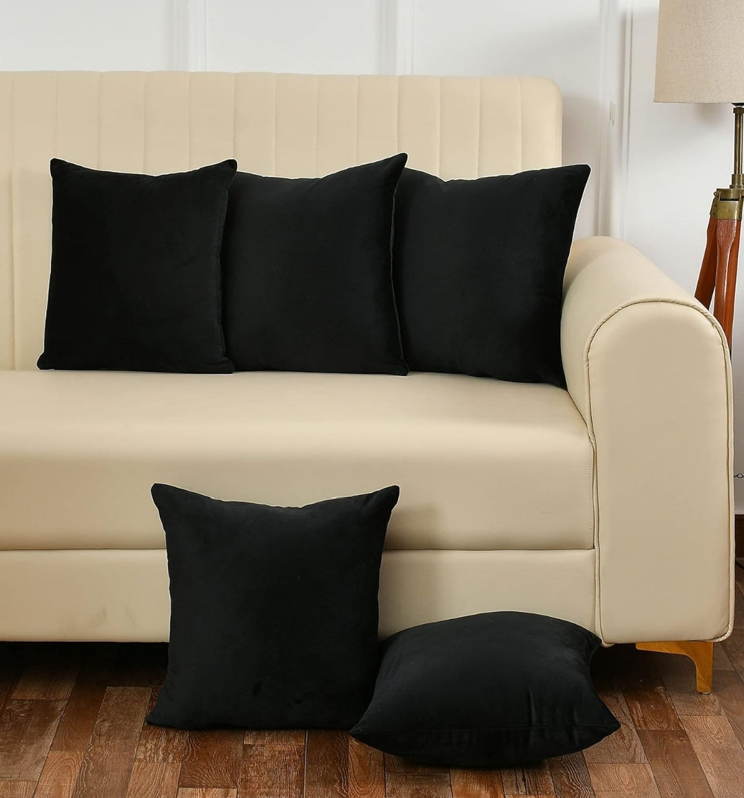 Black Pack Of 5 Plain Velvet Cushion Covers