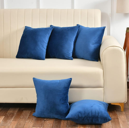 Blue Pack Of 5 Plain Velvet Cushion Covers