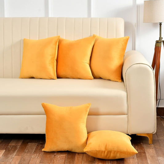 Yellow Pack Of 5 Plain Velvet Cushion Covers